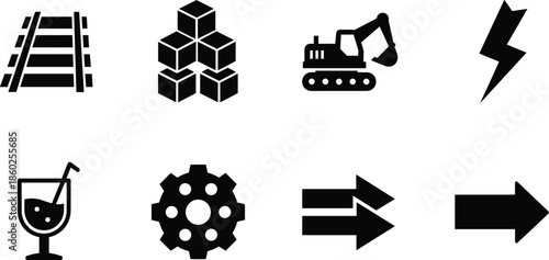 Black solid construction and interface icons set including excavator lightning arrows blocks rail gear drink symbols