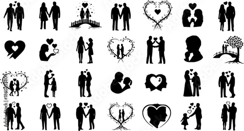 Romantic Couple Silhouettes Collection: Love, Relationships, and Valentine's Day Icons in Black and White