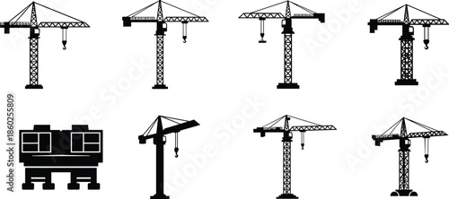 Crane silhouettes, tower crane, mobile crane, crawler crane, gantry crane, construction trailer, lifting load, industrial equipment, black outline, site work