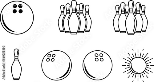 Bowling game icons set with balls pins strike symbols and spare elements outline flat vector illustration collection