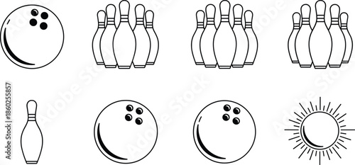 Bowling icons set with ball pins strike spare symbols black line silhouette sports equipment vector illustration