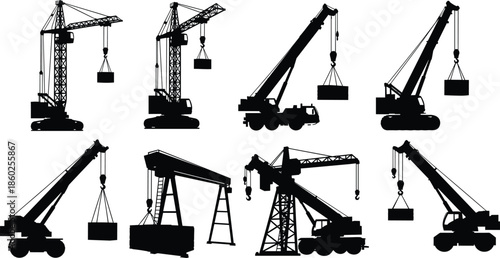 Crane silhouettes, tower crane, mobile crane, crawler crane, gantry crane, lifting load, construction machinery, black outline, industrial equipment, logistics