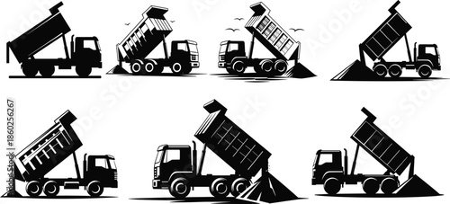 Dump truck silhouette unloading gravel, multiple angles, construction vehicle illustration, black and white vector, heavy machinery transport scene