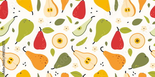 Seamless pattern with pears, pear slices and leaves. Fresh fruit design for food, kitchen and packaging themes. Trendy modern vector illustration on light background, hand drawn, flat