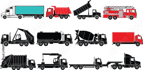Commercial truck and service vehicle collection with cargo dump fire tanker concrete mixer silhouettes flat vector illustration set