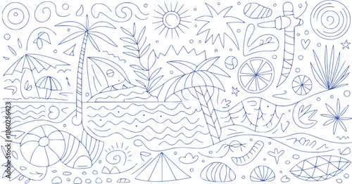 Minimalist Blue Beach Doodle. Hand-drawn line art travel icons, vacation icons, Ocean waves, Palm trees, Beach vacation background, Tropical elements style illustration. 