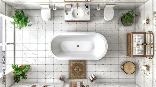 bathroom, top view, Traditional Classic Elegant details, symmetry, rich materials, and timeless decorative elements