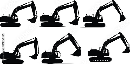 Excavator silhouette icon set, construction machinery poses, black vector digger graphic, industrial equipment illustration, tracked vehicle design