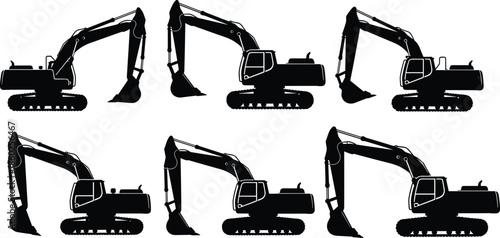 Excavator silhouette icon set, construction vehicle graphic, heavy machinery motion, black vector digger, industrial equipment illustration