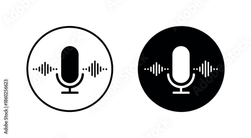 Microphone with Sound Wave Icon Vector – Podcast and Recording Symbol in Black Circle