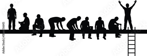 Construction workers silhouettes on steel beam with ladder teamwork industry safety concept vector illustration isolated on white background