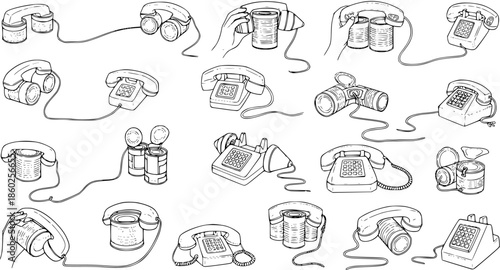 Vintage Line Art of Tin Can Telephones and Rotary Phones, Communication Concept