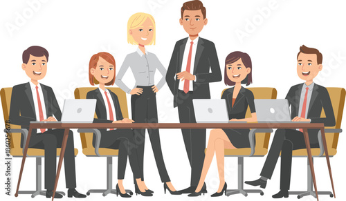 Group of six diverse business professionals, men and women at a meeting table, working with laptops, team collaboration, corporate strategy, flat vector, isolated illustration.