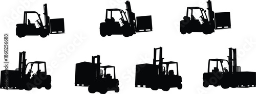 Forklift silhouettes, operator inside, material handling, warehouse machinery, lifting load, industrial transport, black outline, logistics, cargo movement, construction