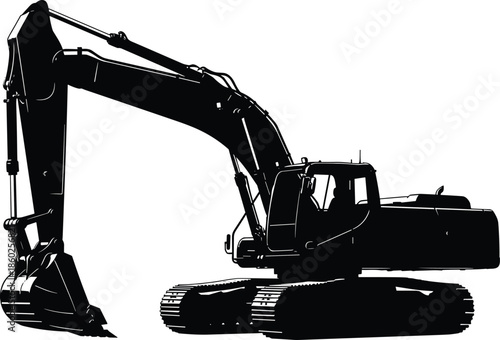 Hydraulic excavator silhouette icon, construction machinery graphic, heavy equipment vector, black digger illustration, industrial vehicle design