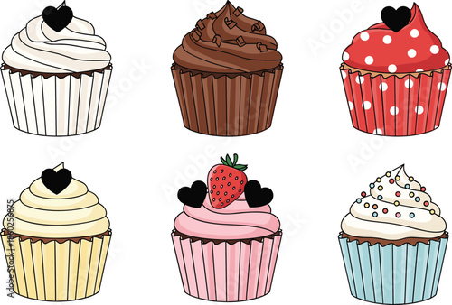 Cute cupcake illustration set with chocolate vanilla strawberry cream toppings colorful bakery desserts flat vector design collection