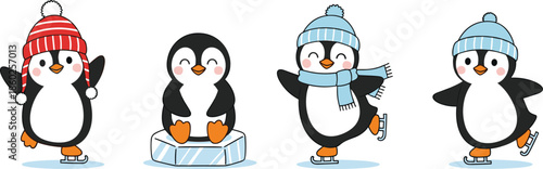 Cute winter penguin characters skating and sitting on ice wearing hats and scarves cartoon style vector illustration set