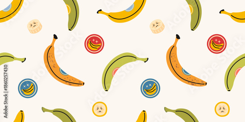 Seamless pattern with bananas of varying degrees of ripeness and colors, yellow and green. Tropical fruit design. Trendy vector illustration on light background, hand drawn, flat