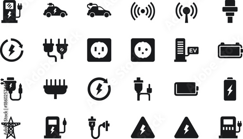 Electric vehicle charging and power energy icons set including EV station plugs batteries sockets renewable electricity symbols