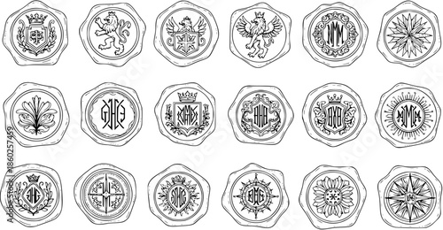Vector Black and White Line Art Collection of Wax Seal Stamps with Monograms and Emblems