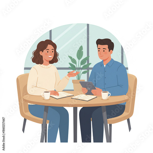 An illustration of two people sitting, conveying companionship.