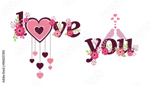 Elegant Floral Love You Typography Design with Decorative Hearts, Blossoms, and Charming Birds - A Romantic Illustration for Affectionate Messages and Celebrations