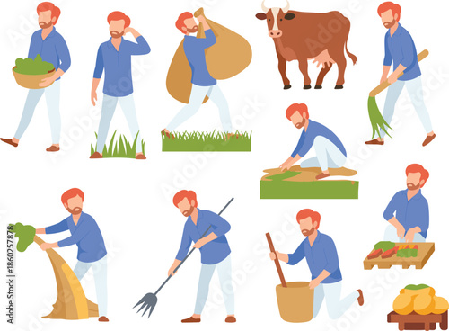 Farmer agriculture activity illustration set with planting harvesting tools livestock and crops rural farming flat vector design