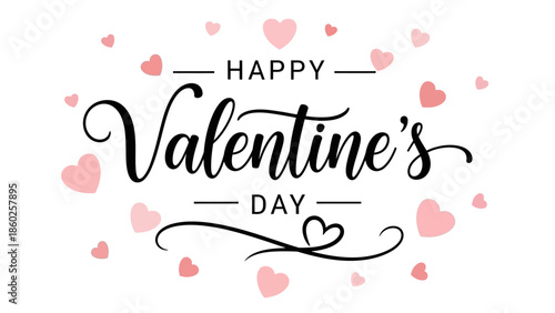 Elegant Happy Valentine's Day calligraphy with pink hearts illustration, perfect for greeting cards, banners, and romantic celebrations