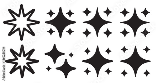 eight black sparkle star twinkle icons set isolated on white