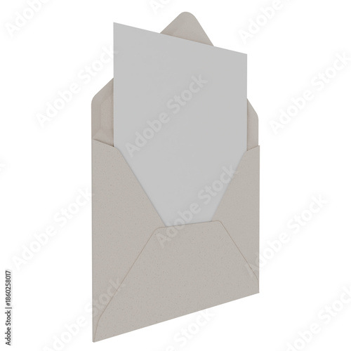 3d render open cream paper envelope with blank white card. Minimalist mockup for invitation, wedding, or greeting card