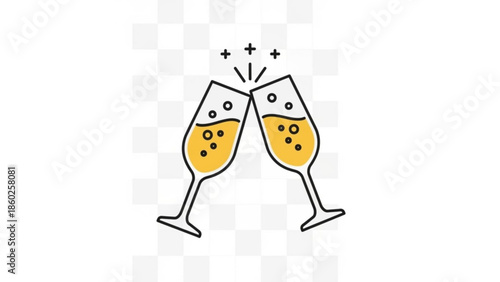 Two champagne flutes clinking together with bubbly drink and celebratory sparks flying high in air