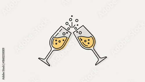 Two champagne glasses clinking together with bubbly drink and festive atmosphere for celebration
