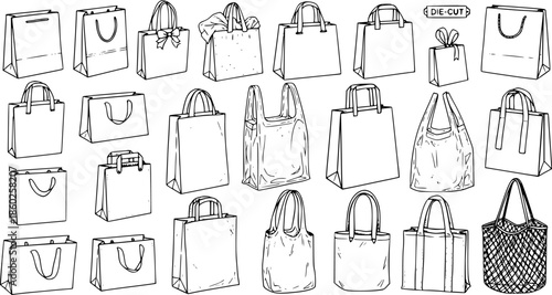 Black and White Line Art Collection of Various Shopping Bags and Paper Gift Bags