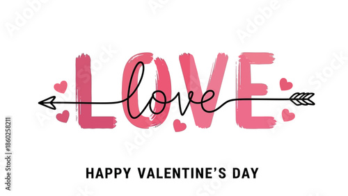 Elegant 'LOVE' brush script typography design featuring decorative hearts and a symbolic arrow, ideal for Valentine's Day greetings, romantic celebrations, and expressing affection