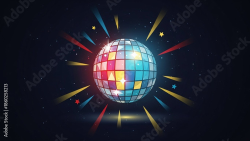 Vibrant disco ball with colorful lights and stars on dark background, nightlife party decoration, shiny reflective sphere with rays of light