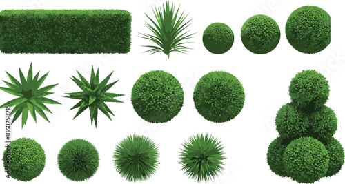 Garden bushes and hedge plants collection with trimmed shrubs topiary greenery landscaping elements realistic flat vector illustration set