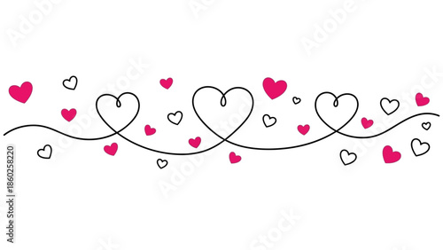 Elegant graphic border featuring a delicate continuous line of interconnected hearts in black and pink, perfect for romantic celebrations and loving messages for various design projects