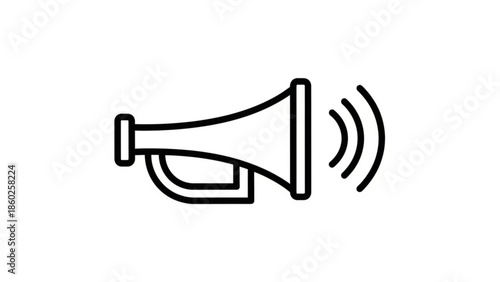 A black line art illustration of a megaphone with sound waves on a white background for communication and announcement concepts