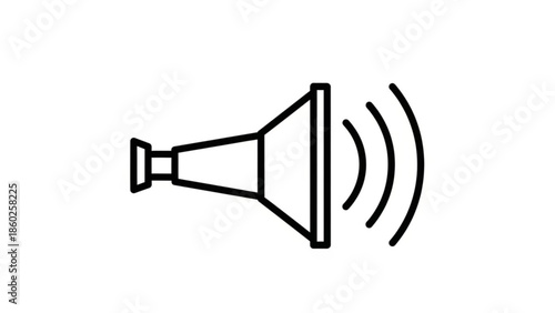 A black line drawing of a loudspeaker emitting sound waves on a white background, symbolizing communication and public speaking