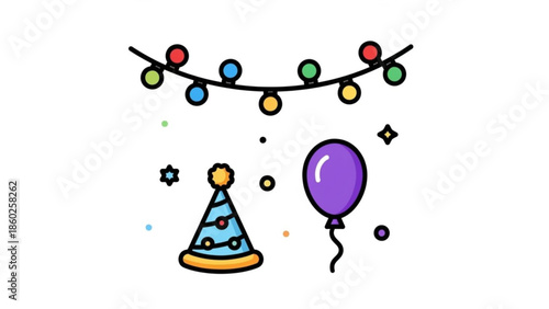 Colorful party decoration with string lights, blue birthday hat and purple balloon on white background, festive celebration elements