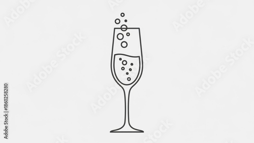 A minimalist line drawing of a champagne flute filled with bubbly drink on a plain background