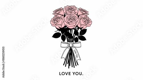 Delicate line art illustration of a pink rose bouquet tied with a ribbon, featuring a 'Love You' message, perfect for romantic cards and expressions of affection