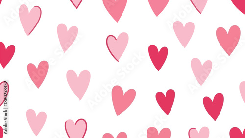 Cute Hand-Drawn Pink and Red Hearts Seamless Pattern on White Background