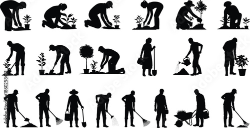 Gardening and planting people silhouettes set with digging watering raking and tree planting activities flat black vector illustration