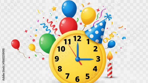 Vibrant clock surrounded by colorful balloons, party hat, confetti, and streamers on white background, celebrating a special occasion or birthday