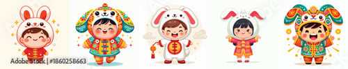 Vector of a child wearing a rabbit zodiac costume. Vector, minimalist, illustration, icon set.