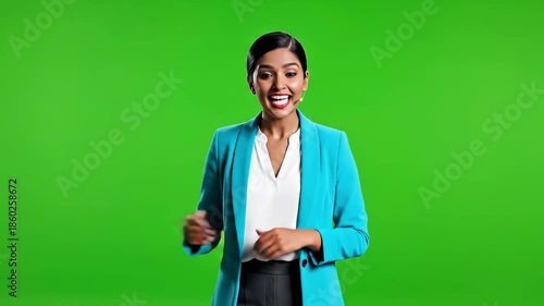 Professional Female Presenter Gesturing on Green Screen Background.