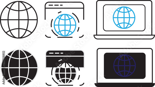 Website icon set. Globe and www symbol. World web icon. vector www icon isolated on transparent background. Browser globe outline icons
