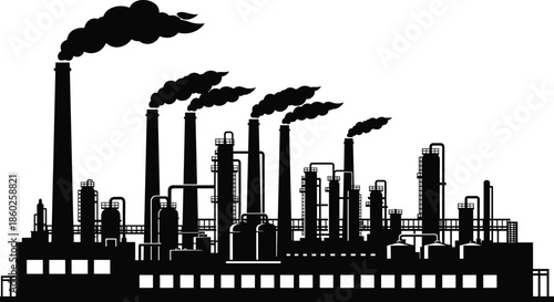 Industrial factory silhouette with smoking chimneys heavy pollution power plant oil refinery skyline black vector illustration