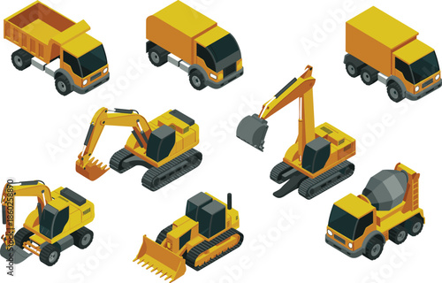 Isometric construction vehicles set with dump trucks excavators bulldozer and concrete mixer heavy machinery vector illustration